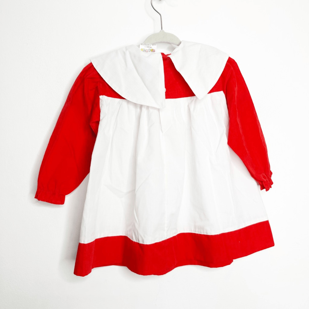 VTG 60s 70s MAYFAIR RED white pinafore dress long sleeve collar Baby Girl 24 M - Picture 6 of 6